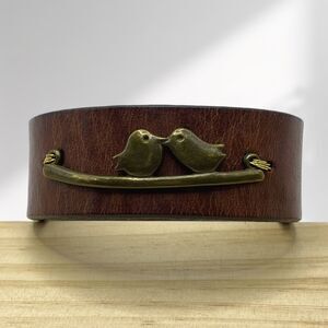 Vintage Leather Cuff Bracelet Metal Love Birds Brown Strap Casual Snap Y2K Boho